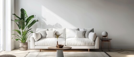 Modern living room with a white sofa, a small coffee table, and minimalistic decor, bright natural light