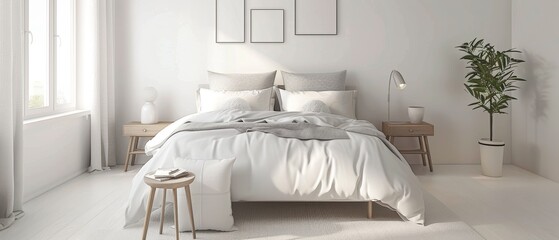 Modern white bed with neutral bedding, minimalist bedroom, relaxing and visually pleasing, easy on the eyes