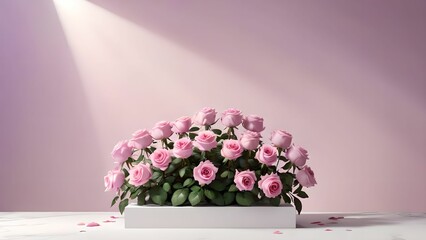 Background podium 3D pink with roses. 3D podium, stand background, stage, stage rendering minimal design.