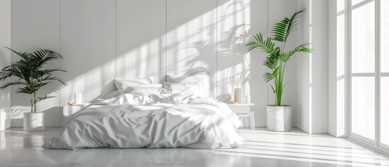 Modern white bedroom with a single bed, a small nightstand, and a plant, minimalist interior, bright natural light