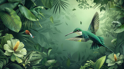 Artistic wall decoration depicting a paradise garden with tropical leaves and an exotic bird, rendered in a modern style