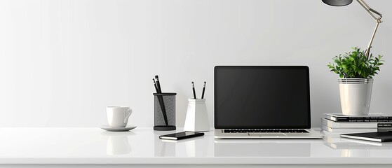 Simple office desk with laptop, notebook, and pen, clean workspace, uncluttered environment, white background