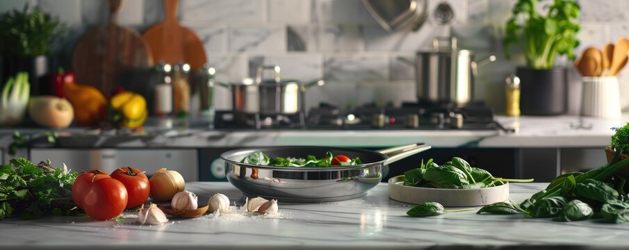 home kitchen scene with an array of fresh ingredients and cookware on the countertop