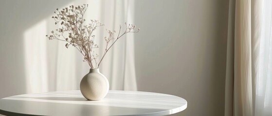 Simple white dining table with a small vase, minimalist design, soothing and elegant, easy on the eyes