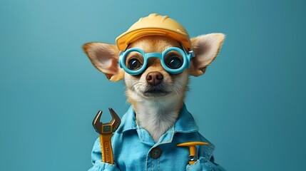 Fototapeta premium Chihuahua Plumber in Blue Outfit Holding Repair Tools on Plain Background