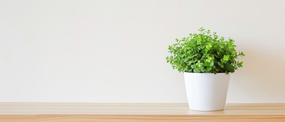 Single green plant in a white pot on a wooden shelf, minimalist decor, simple and soothing, easy on the eyes