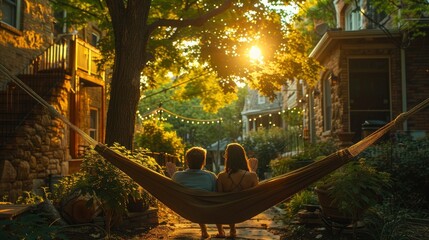 A couple relaxing in a hammock in their backyard - Powered by Adobe