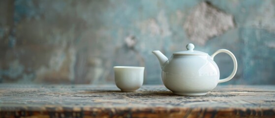 White ceramic teapot with a single cup on a wooden table, minimalism, easy on the eyes, calming effect