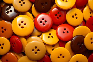 Pile of yellow and red buttons with brown center.