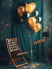 Gratulation backdrop with balloons of  person sitting on a chair in a room
