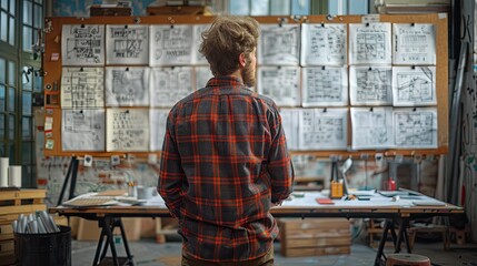 A young professional brainstorming ideas on a whiteboard