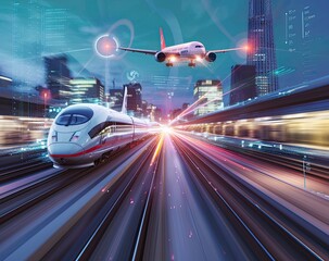 A high-speed train and an airplane in motion against the backdrop of skyscrapers of a modern city. The concept of fast modern transport.