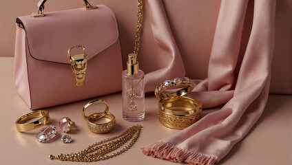 A pair of burgundy high heels, a pink handbag with a gold chain, and several pieces of jewelry including a necklace and a bracelet.

