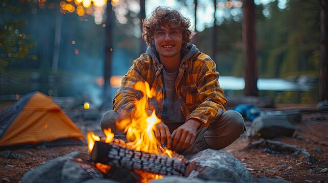 A man building a campfire in a forest campsite