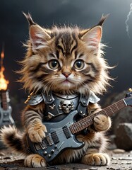 Warrior Whiskers: Mainecoon Kitten Shreds on Electric Guitar