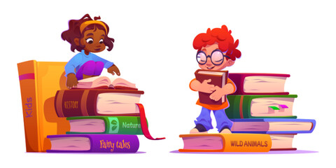 Children read book. Girl kid in library study. Happy little boy in glasses isolated with textbook. Smart african toddler sit in kindergarten and with fairytale literature diverse clipart collection.