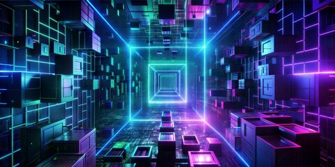 Obraz premium he image is dark and has an abstract, futuristic feel. It features brightly illuminated geometric shapes, primarily squares and rectangles. The shapes are interconnected to form a complex network