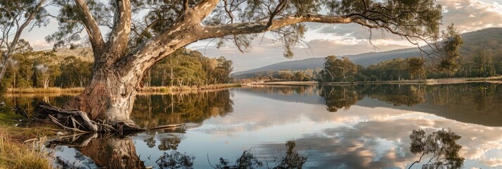 Country Scene. Australian Landscape with Beautiful Gum Tree and Cloud Reflection