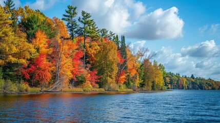 Shoreline of Minnesota lake with trees in brilliant color during autumn