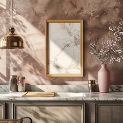 Frame On Table. Creative Composition of Wooden Frame on Pink Marble Worktop