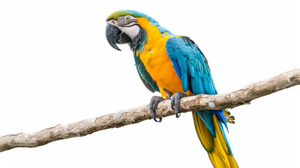Blue and yellow macaw parrot perched on a branch with an isolated white background and clipping path. Full depth of field, high resolution photography provides high quality