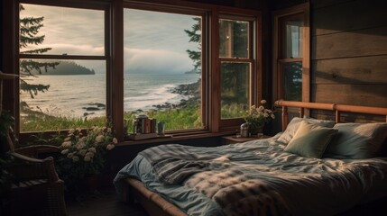 cozy bedroom in an old wooden house, 