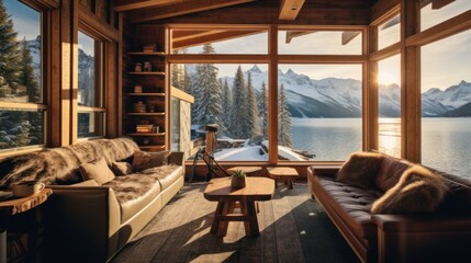 Fototapeta premium cozy living room in a rustic wooden cabin, 