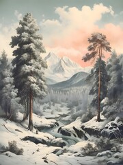 Winter Landscape Painting Vintage Art