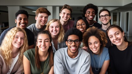 group of teenage students in school uniforms standing together smiling 