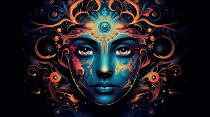 women face with a vibrant pattern, illustrate the imagination of human 