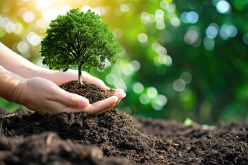 A person is holding a small tree in their hands. The tree is planted in the dirt and surrounded by green leaves. Concept of growth and nurturing, as the person is taking care of the young tree