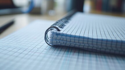 A spiral notebook with a blue cover sits on a table. The notebook is open to a page with a grid pattern. The spiral binding is visible on the left side of the notebook