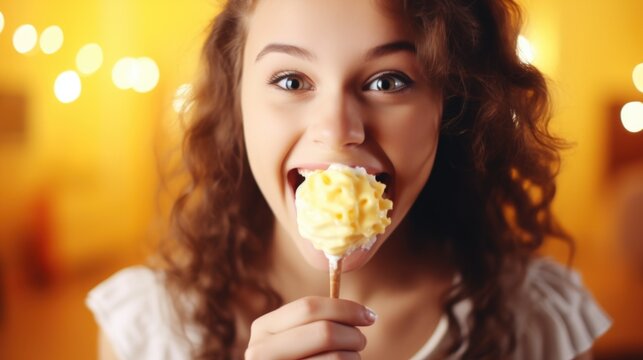 A woman is eating a yellow dessert with a spoon. She is smiling and she is enjoying her treat