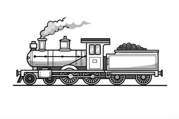 train cartoon isolated on a white background black and white line art. Train travel, Train design elements. Vintage Train, Lil' Choo, Retro steam engine. Freight Train, Locomotive. 