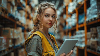 a beautiful young girl in the warehouse. Created with Ai