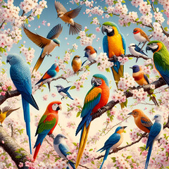 colorful birds on a branch