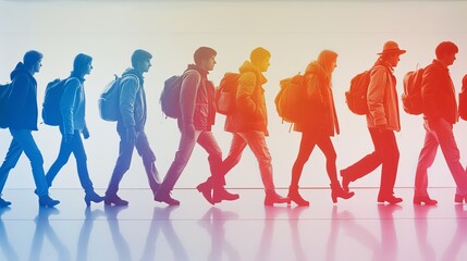 Students Moving or walking for studying carrying backpack - Journey of academic life white background