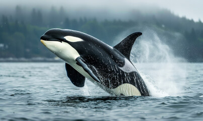 Obraz premium Spectacular Jumping Bigg's Orca Whale in Misty Vancouver Island Waters, Daytime Wildlife Photography, Marine Life in Action