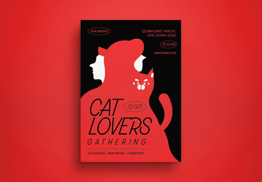 Red Flat Design Cat Lovers Gathering Flyer Layout