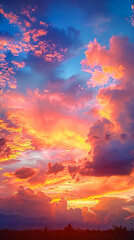 Fototapeta premium Vibrant Sunset with Multicolored Clouds in Dramatic Sky Over Horizon, Captivating Evening Landscape