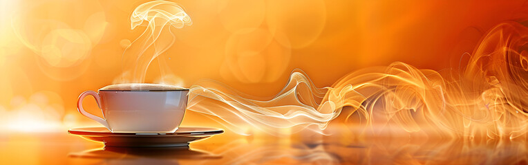 A Serenade to the Coffee Cup and Steam Dancing a top a Table relaxation caffeine on yellow background
