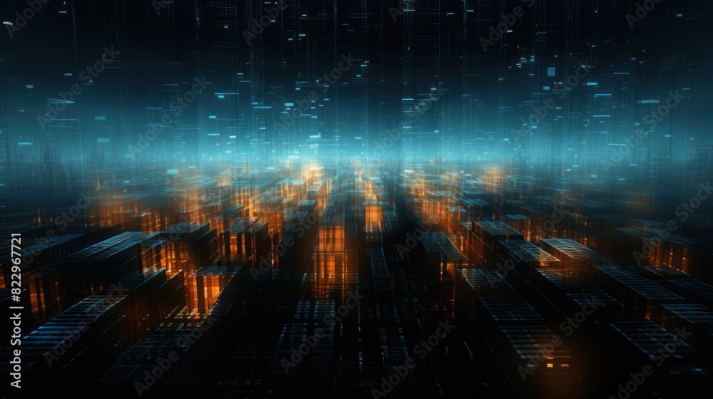 Poster glowing blockchain data matrix, pulsating with energy