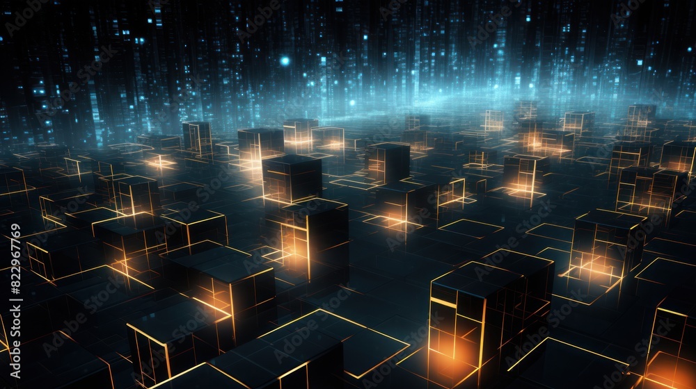 Poster glowing blockchain data matrix, pulsating with energy