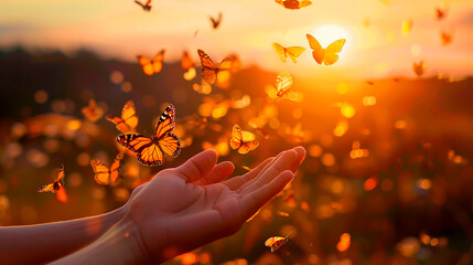A hand is holding up a butterfly, surrounded by many other butterflies