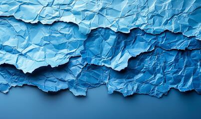 Fototapeta premium Textured Blue Paper Abstract Background with Wrinkled Layers on Grey Surface, Creative Design Concept for Graphic Projects, Minimalistic Geometric Art for Modern Decoration, Top View