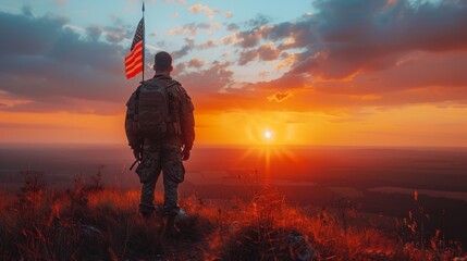 Soldiers and American flag on sunrise background, concept National holiday, Flag Day, Veterans Day, Memorial Day, Independence Day, Patriots Day, high resolution, 4k HD wallpaper, background, generate