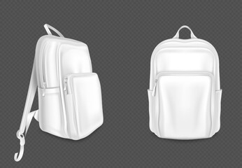 White backpack mockup front and side view with pocket, zipper and strap. Realistic 3d vector illustration set of blank leather rucksack template. Empty casual youth schoolbag or knapsack mock up.