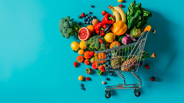 Shopping cart overflowing with various fresh fruits and vegetables on a bright blue background with copy space