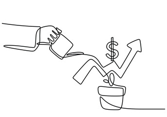 one continuous line drawing of hand watering dollar plants with graphic isolated on white background