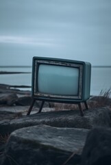 an old tv sitting on top of a wall, in the style of glassy translucence, light sky-blue and dark gray. Generative Ai